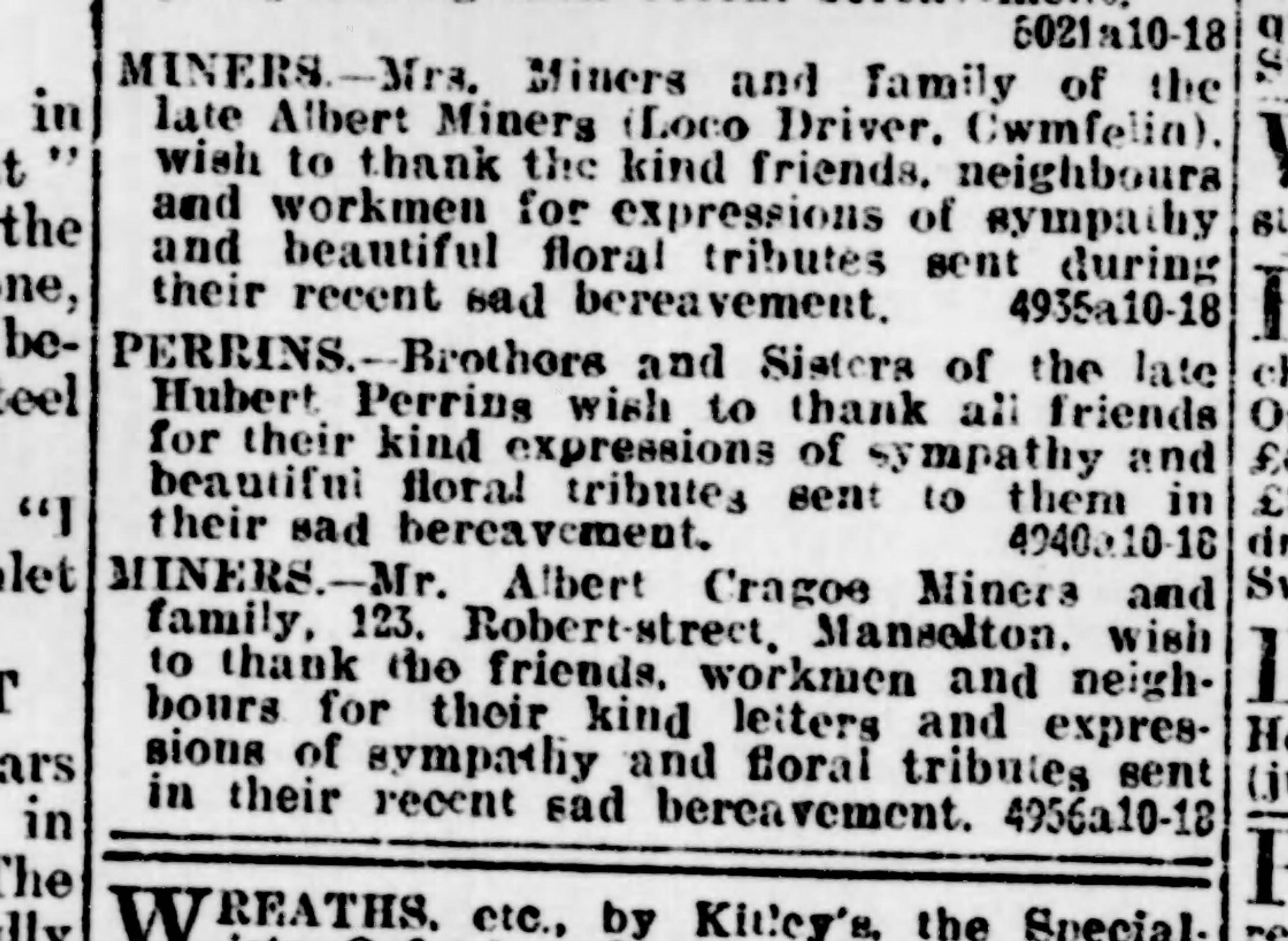 Newspaper death notice, Albert Miners, Loco Driver, Cwmfelin, Swansea 1923